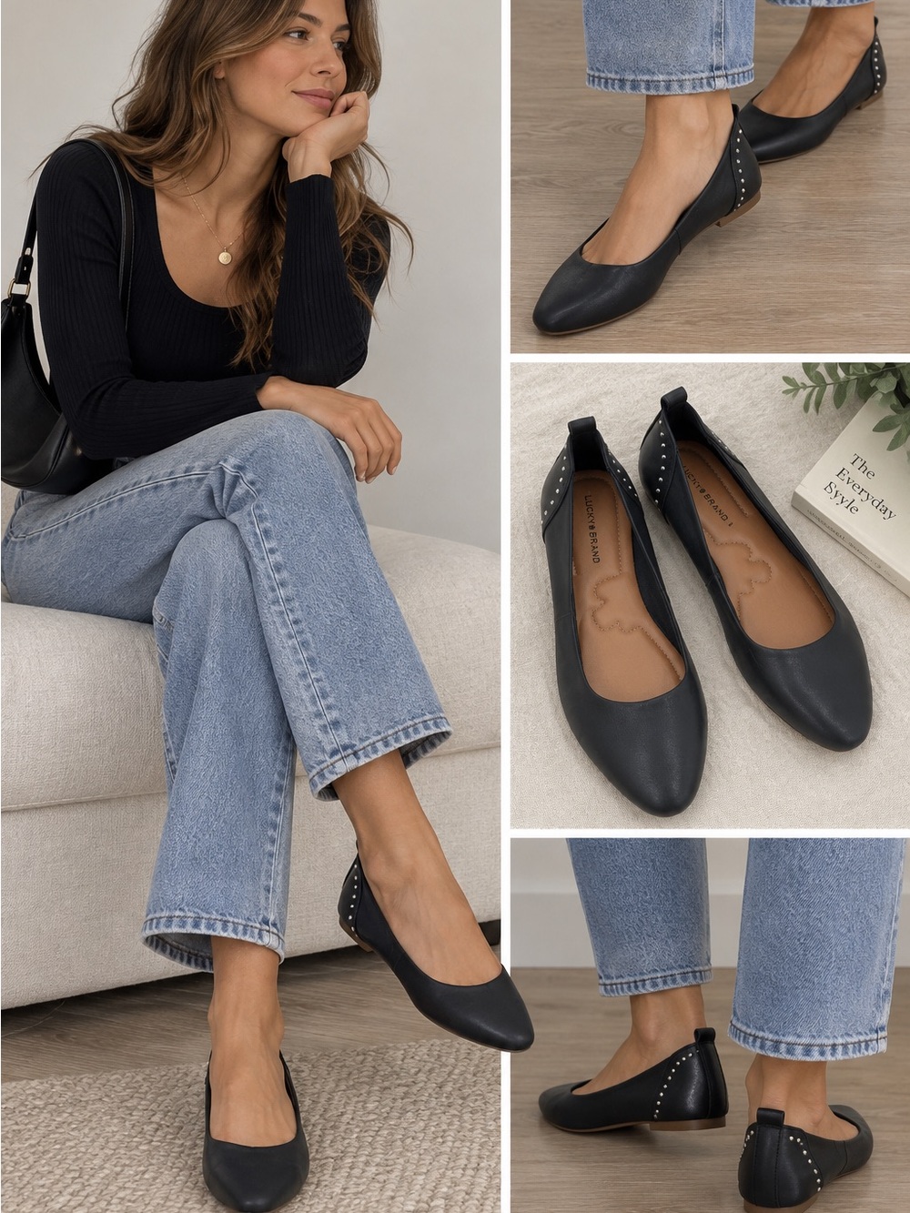 Lucky Brand Black Stud-Back Ballet Flats - Classic Women’s Slip-On. 9M